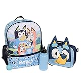 AI ACCESSORY INNOVATIONS Bluey 4 Piece Backpack Set for Pre-School Girls & Boys, Kids 16' School Bag with Front Zip Pocket, Blue