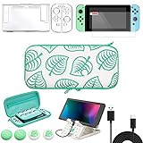 Switch Accessories Bundle for Animal Leaf Crossing, Switch Carrying Case with Playstand & Screen Protector & 4 Thumb Grip Caps & Protective Cover & Charging Cable & Pendant