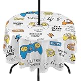 KOPIRIT Joysticks Game Outdoor Table Cloth 60 Inch Round Tablecloth with Umbrella Hole Zipper Tablecloth Washable Picnic Patio Table Covers for Garden Spring Summer Tabletop Decor