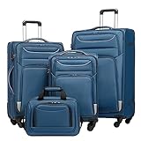 Coolife Luggage 4 Piece Set Suitcase Spinner TSA Lock Softshell lightweight (blue+sliver)