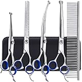 Gimars 6 in 1 Professional 4CR Stainless Steel Grooming Scissors for Dogs with Safety Round Tip, Heavy Duty Titanium Coated Pet Grooming Scissor for Dogs, Cats and Other Animals