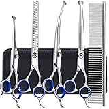 Gimars 6 in 1 Professional 4CR Stainless Steel Grooming Scissors for Dogs with Safety Round Tip, Heavy Duty Titanium Coated Pet Grooming Scissor for Dogs, Cats and Other Animals