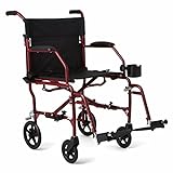 Medline Ultralight Transport Wheelchair with 19” Wide Seat, Folding Transport Chair with Permanent Desk-Length Arms, Red Frame