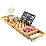 Luxury Bathtub Tray Caddy - Foldable Waterproof Bath Tray & Bath Caddy - Wooden Tub Organizer & Holder for Wine, Book, Soap, Phone Luxury Gift For Men & Women - Expandable Size, Fits Most Tubs Home It