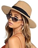Womens Mens Wide Brim Straw Panama Hat Fedora Summer Beach Sun Hat UPF Straw Hat for Women Khaki
