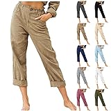 XUETON Peasant Pants for Women Summer Beach Cotton Linen Capris 3/4 Sweatpants Yoga Pants Elastic Waist Cropped Lounge Pants Khaki