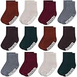 JAKIDAR 12 Pairs Baby Socks Cotton Crew Toddler Socks Grips Non Slip Bottom Kids Socks, Brown 12-24M