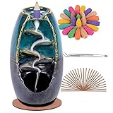 SPACEKEEPER Ceramic Backflow Incense Holder and Burner Waterfall, with 120 Backflow Incense Cones + 30 Incense Stick, Aromatherapy Ornament Home Decor, Blue Set