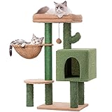 MeowSir Cat Tree Cute Cat Tower Tree Cactus Cat Scratching Post with Large Top Perch, Comfy Hammock, Private Condo, Fully Natural Sisal Scratching Post and Dangling Bell Ball for Indoor Cats- Khaki