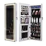 LVSOMT LED Mirror Jewelry Cabinet, Wall/Door Mounted Jewelry Organizer Armoire, Full Length Lighted Mirror with Jewelry Storage, Lockable Over the Door Hanging Body Mirror with 3 Color Lights, White