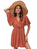 Romwe Women's Short Sleeve V Neck All Over Print High Waist A Line Summer Short Dress Burnt Orange S