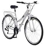 Schwinn Discover Mens and Womens Hybrid Bike, 21-Speed, 28-inch Wheels, 17-Inch Aluminum Step-Through Frame, Front and Rear Fenders, Rear Cargo Rack, White