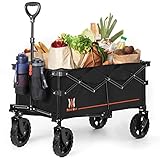 Navatiee Collapsible Folding Wagon, Wagon Cart Heavy Duty Foldable with Two Drink Holders, Utility Grocery Wagon for Camping Shopping Sports, S2, Black