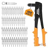 BEETRO Heavy Duty Hand Riveter, Rivet Gun, 3/32'-1/8'-5/32'-3/16', 4 Nosepieces Set Includes 100pcs Rivets, Durable and Suitable for Metal, Plastic and Leather