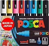 8 Posca Paint Markers, 5M Medium Markers with Reversible Tips, Marker Set of Acrylic Paint Pens | Posca Pens for Art Supplies, Fabric Paint, Fabric Markers, Paint Pen, Art Markers, PC5M8C