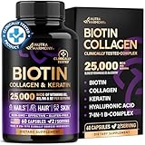 Biotin | Collagen | Keratin - Clinically Tested Supplement - Hair Growth Support - Skin & Nails Complex - 25000 mcg Vitamins B2, B3, B6 & B7 | Hyaluronic Acid - Made in USA - Women & Men | 60 Capsules