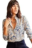Blouses for Women Fashion, Casual Long Sleeve Button Down Shirts Tops (Blue Print, Medium)
