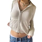 Faretumiya Women Y2k Zip Up Cropped Hoodies Vintage Solid Knit Hoodie Sweater Casual Drawstring Y2K Sweatshirt Jacket（knit white，Small）