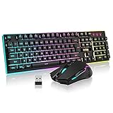 RedThunder K10 Wireless Gaming Keyboard and Mouse Combo, LED Backlit Rechargeable 3800mAh Battery, Mechanical Feel Anti-ghosting Keyboard + 7D 3200DPI Mice for PC Gamer (Black)