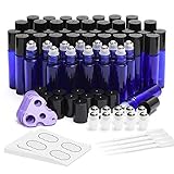 ULG Essential Oil Roller Bottles 48 Pack 10ml Cobalt Blue Glass Empty Bottles with Stainless Steel Roller Balls (10 Extra Roller Balls, 4 Openers, 4 Droppers, 48 Waterproof Labels)
