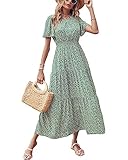 PRETTYGARDEN Women's Summer Casual Short Flutter Sleeve Round Neck Smocked Waist Tiered Boho Floral Flowy Maxi Dress(Small, Leaves Green)
