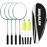 HIRALIY Badminton Rackets Set of 4 for Outdoor Backyard Games, Including 4 Rackets, 12 Nylon Shuttlecocks, 4 Replacement Grip Tapes (Blue)