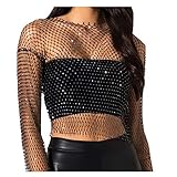 Fstrend Women Mesh Body Chains Rhinestone Long Sleeve Crystal See Through Cover up Crop Tops Fishnet Bikini