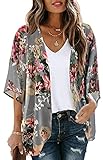 Women's Floral Print Puff Sleeve Kimono Cardigan Loose Cover Up Casual Blouse Tops(Dark Grey,L)