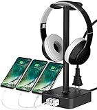 cozoo Headphone Stand with USB Charger Desktop Gaming Headset Holder Hanger with 3 USB Charger and 2 Outlets - Suitable for Gaming, DJ, Wireless Earphone Display,Gaming Desk Accessories,Gifts for Him