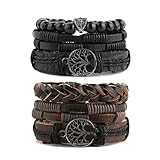 HZMAN Genuine Leather Tree of life Bracelets Men Women, Tiger Eye Natural Stone Lava Rock Beads Ethnic Tribal Elastic Bracelets Wristbands (2Pcs)