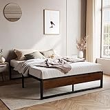SHA CERLIN 14'' Queen Size Metal Platform Bed Frame with Rustic Wood & Reverse Holes/Ample Under-Bed Storage Space/Mattress Foundation/No Box Spring Needed/Easy Assembly/Noise Free, Metal Slats