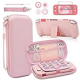 Pink Switch Case for Nintendo Switch,Travel Carrying Case Accessories Kit for Switch Lite, Hard Protective Cover Skin Shell with Stand, Glass Screen Protector, Thumb Grip Caps 9 in 1 (switch lite)