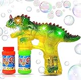Dinosaur Bubble Gun Light Up Bubbles Shooter, Battery Operated Bubble Maker Toy for Toddlers & Kids, Sound-Free (Extra Refill Bottle and Batteries Included)