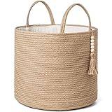 Mkono Woven Storage Basket Decorative Rope Basket Wooden Bead Decoration for Blankets,Toys,Clothes,Shoes,Plant Organizer Bin with Handles Living Room Home Decor, Jute, 16' W × 13.8'L