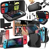 Switch Accessories Bundle - Orzly Essentials Pack for Nintendo switch Case & Screen Protector, Grip Case, Games Holder, Headphones - Classic Black Edition