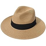 Lanzom Women Wide Brim Straw Panama Roll up Hat Fedora Beach Sun Hat UPF50+ (A-Square Belt Brown)