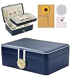 U·helper Jewelry Box Organizer, 2 Layer Large Jewelry Storage Case with Diamond Button, PU Leather Jewelry Organizer with Removable Tray for Necklace Earrings Rings Bracelets Watches, Navy Blue