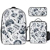 Wiqodme Retro Gaming Joystick Gamepad Gorilla Arcade Game Backpack 3 Piece Set with Lunch Box Pencil Case Laptop Daypack Lunch Bag for Men Women Travel