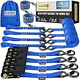 AUGO Ratchet Tie Down Straps –4 PK– 15 FT – 2,200 LB Break Strength – Safety Lock S Hooks –for Moving Cargo, Appliances, Lawn Equipment, Motorcycle – Includes 2 Bungee Cords, 4 Soft Loops, Storage Bag