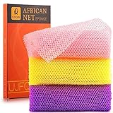 UJFQBH 3 Pieces African Bath Sponge African Net Long Net Bath Sponge Exfoliating Shower Body Scrubber Back Scrubber Skin Smoother,Great for Daily Use (Pink,Yellow,Purple)