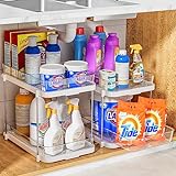 Delamu 2 Sets of 2-Tier Multi-Purpose Bathroom Cabinet Under Sink Organizers and Storage, Stackable Kitchen Pantry Organization and Storage, Pull Out Medicine Cabinet Organizer with 8 Movable Dividers