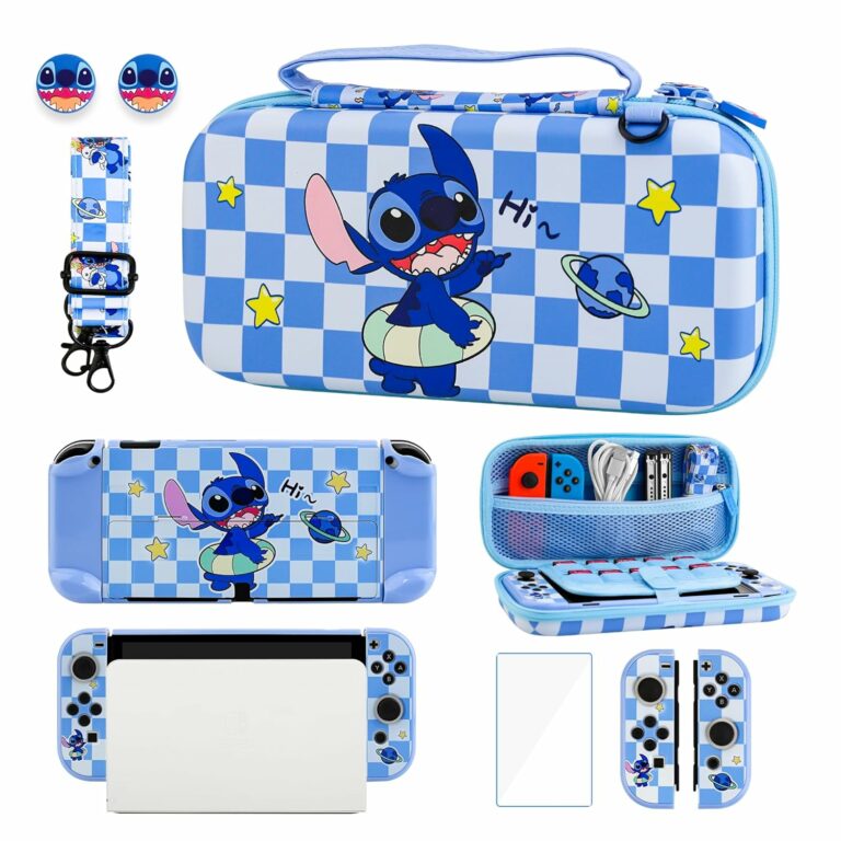 GLDRAM Blue Case for Nintendo Switch OLED & Accessories, Cute Travel Carrying Storage Bag with PC Protective Skin Cover, Screen Protector, Shoulder Strap & Thumb Caps for Boys/Girls – Stit