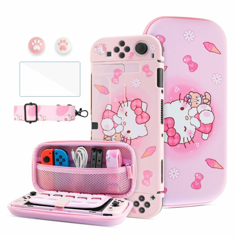 HYPERCASE Cute Carrying Case for Nintendo Switch OLED, with Pink Switch Travel Bag of Hello Kitty, Hard PC Protective Cover for OLED, Screen Protector, Shoulder Strap & 2 Kawaii Thumb Caps – for Girly