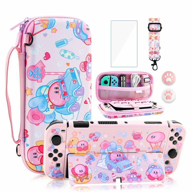 GOODVANCE Pink Carrying Case for Nintendo Switch OLED, Kawaii Portable Hard Travel Carry Case, Switch Accessories Bundle with PC Protective Case, Screen Protector, Shoulder Strap and Thumb Grip Caps GOODVANCE Pink Carrying Case for Nintendo Switch OLED, Kawaii Portable Hard Travel Carry Case, Switch Accessories Bundle with PC Protective Case, Screen Protector, Shoulder Strap and Thumb Grip Caps